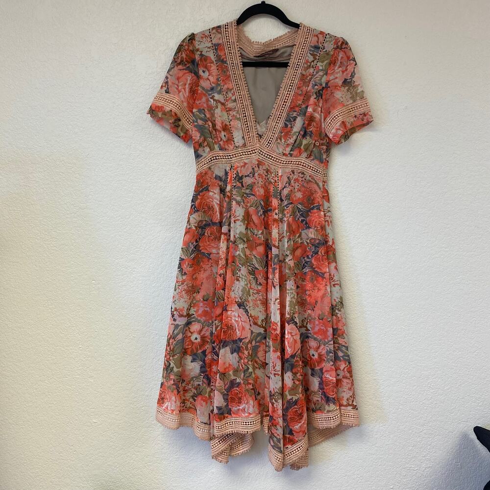 Ranna Gill Floral V-Neck Embroidered Flowy Short Dress Brown Size 2
